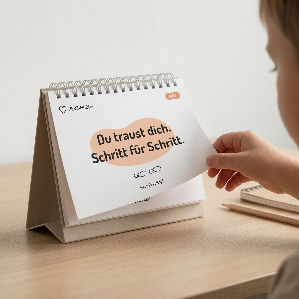 Kind blättert durch einen HerzPlusKopf Tischkalender mit Motivationskarten für mehr Selbstvertrauen und emotionale Stärke