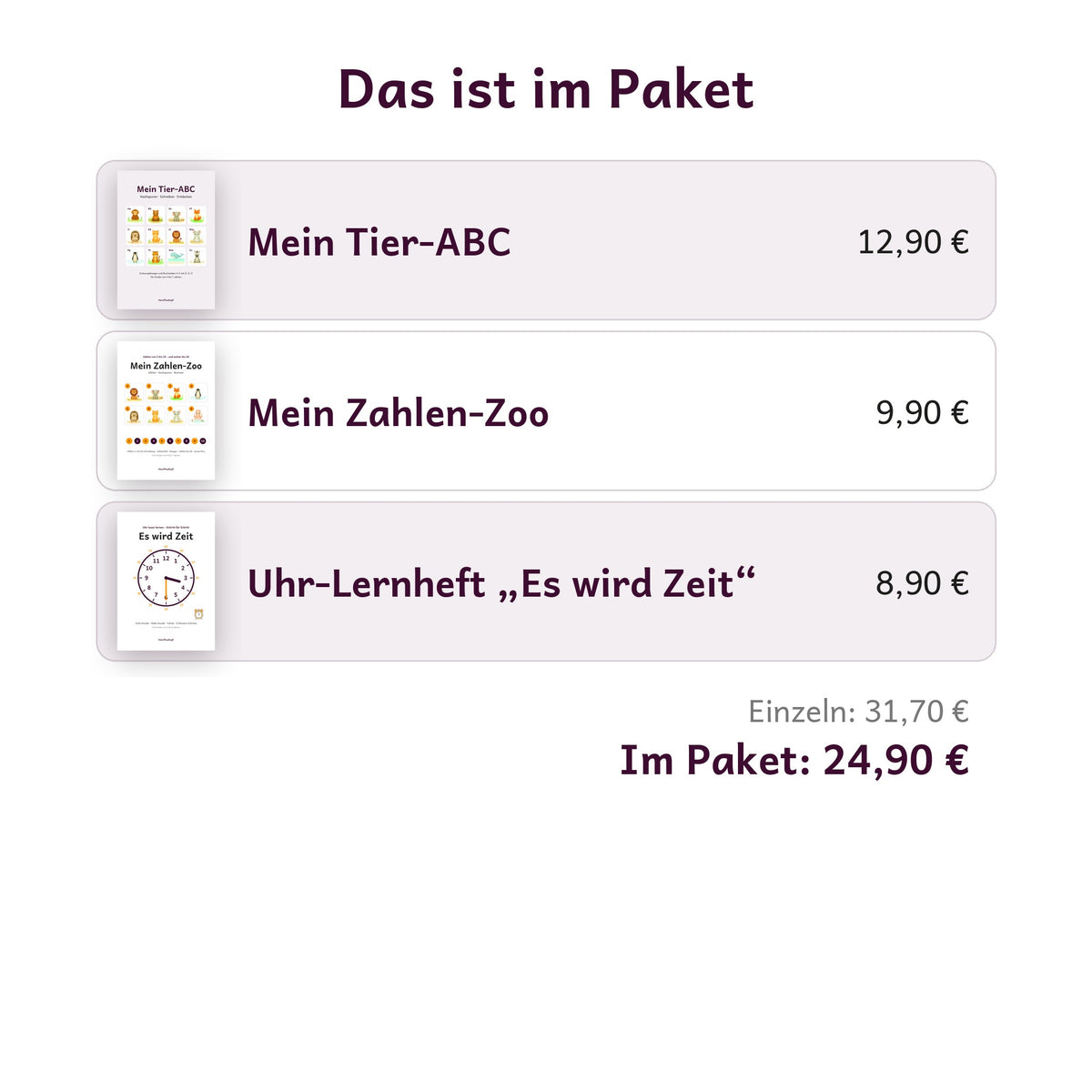 Inhalt des Pakets Fit für die Schule mit Einzelpreisen