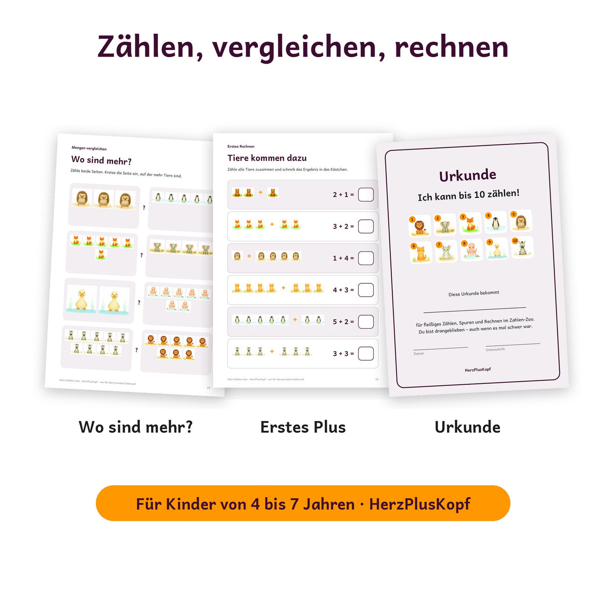 Mengen vergleichen, erste Plus-Aufgaben mit Tieren und Urkunde Ich kann bis 10 zählen