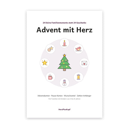 Adventskalender zum Ausdrucken „Advent mit Herz“ – Titelseite mit Tannenbaum, PDF für Familien mit Kindern von 3 bis 8 Jahren