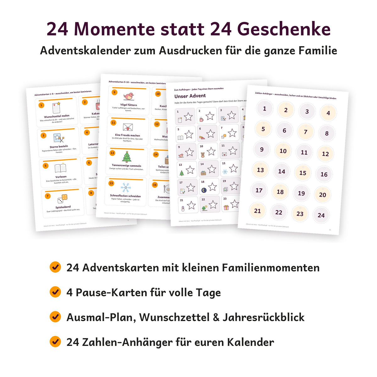 Inhalt: 24 Adventskarten, Pause-Karten, Ausmal-Plan, Wunschzettel, Jahresrückblick und Zahlen-Anhänger