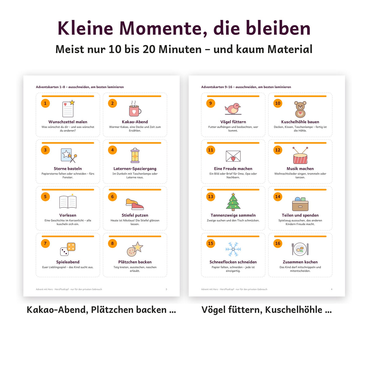 Adventskarten mit Familienmomenten wie Kakao-Abend, Plätzchen backen und Vögel füttern