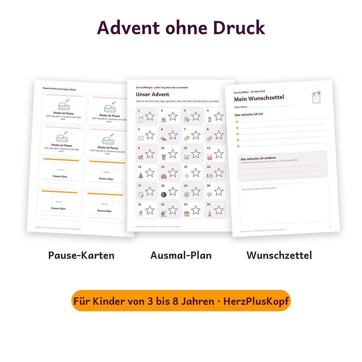 Pause-Karten, Ausmal-Plan „Unser Advent“ und Wunschzettel zum Ausdrucken