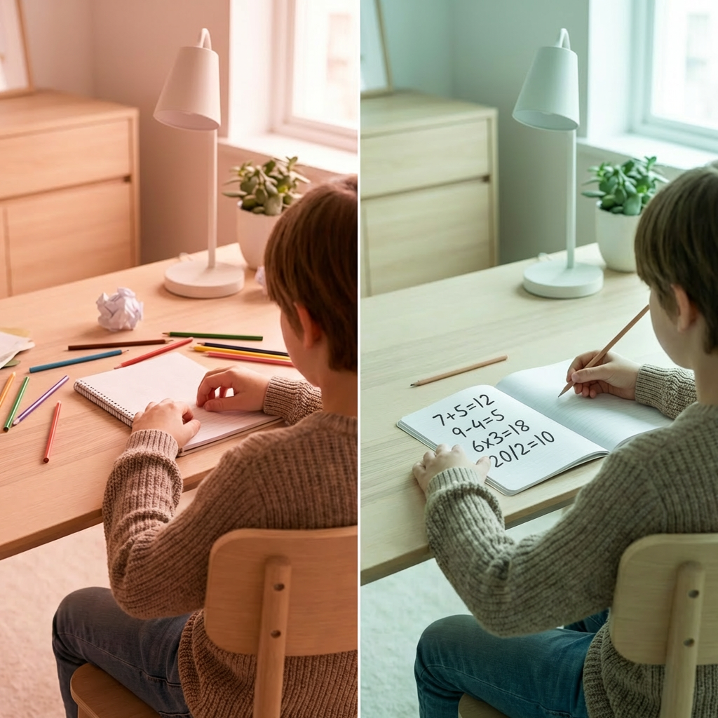 Alltagssituation eines Kindes am Schreibtisch: links überfordert, rechts ruhig und fokussiert – zeigt Herz-Modus und Kopf-Modus