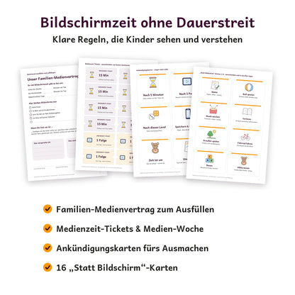 Inhalt: Familien-Medienvertrag, Medienzeit-Tickets, Ankündigungskarten und Statt-Bildschirm-Karten