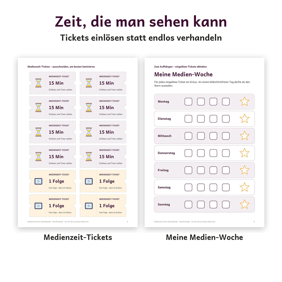 Medienzeit-Tickets zum Ausschneiden und Wochenplan Meine Medien-Woche