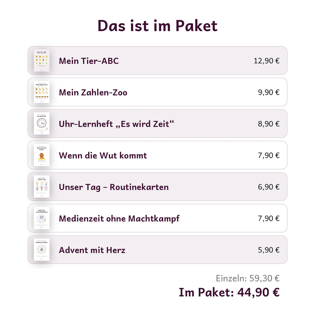 Inhalt des Pakets Alle Hefte mit allen 7 Heften und Einzelpreisen