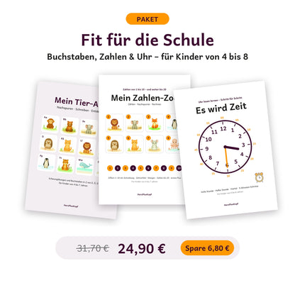 Paket Fit für die Schule: Tier-ABC, Zahlen-Zoo und Uhr-Lernheft als PDF, 24,90 € statt 31,70 €