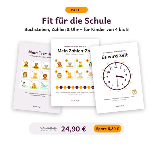 Paket Fit für die Schule: Tier-ABC, Zahlen-Zoo und Uhr-Lernheft als PDF, 24,90 € statt 31,70 €