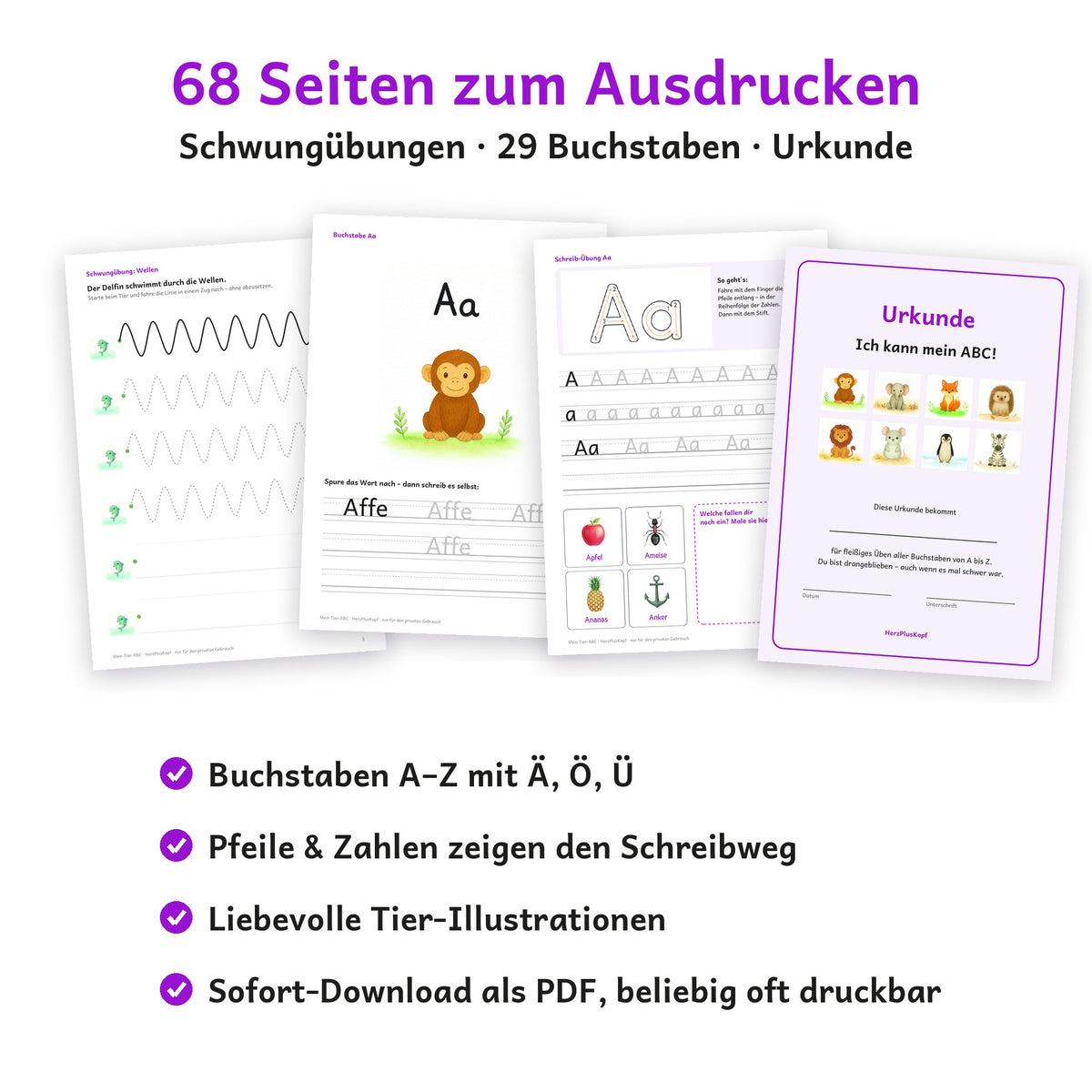 Inhalt: Schwungübungen, Buchstabenseiten und Urkunde – 68 Seiten PDF