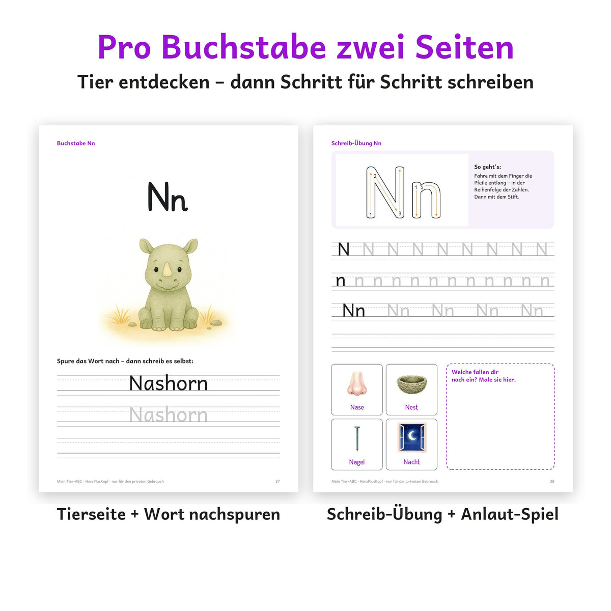 Tierseite und Schreib-Übungsseite für den Buchstaben N mit Nashorn