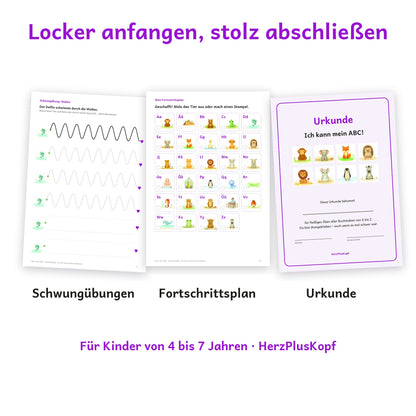Schwungübungen, Fortschrittsplan und Urkunde „Ich kann mein ABC!“