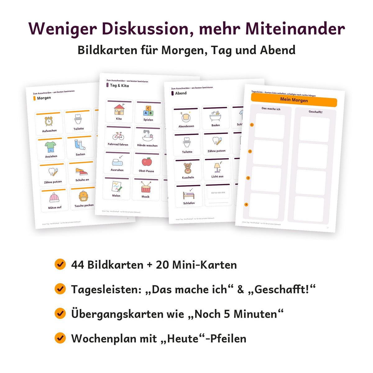 Inhalt: Bildkarten für Morgen, Tag und Abend, Tagesleisten, Übergangskarten und Wochenplan
