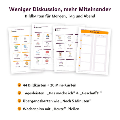 Inhalt: Bildkarten für Morgen, Tag und Abend, Tagesleisten, Übergangskarten und Wochenplan
