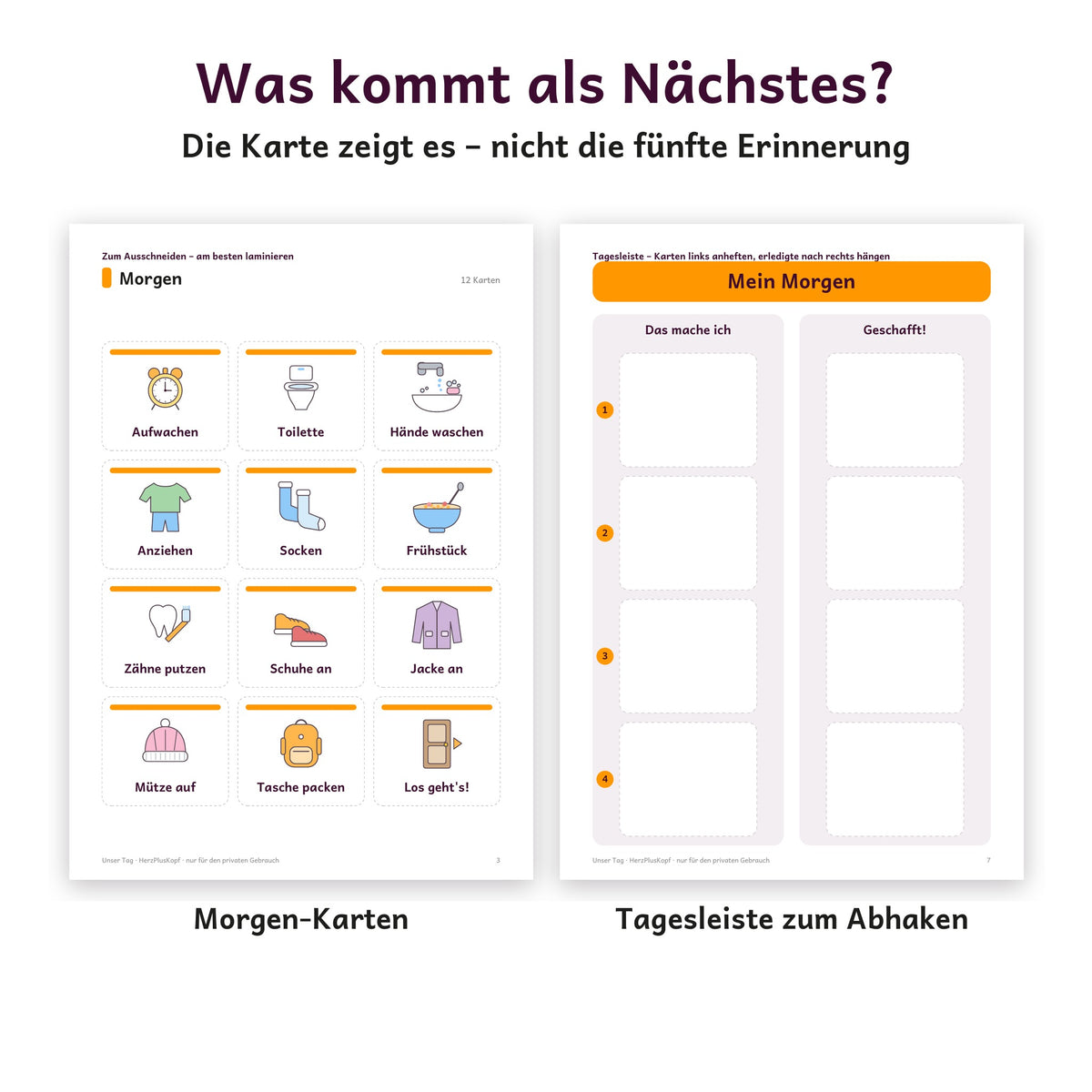 Morgen-Karten und Tagesleiste mit Das mache ich und Geschafft