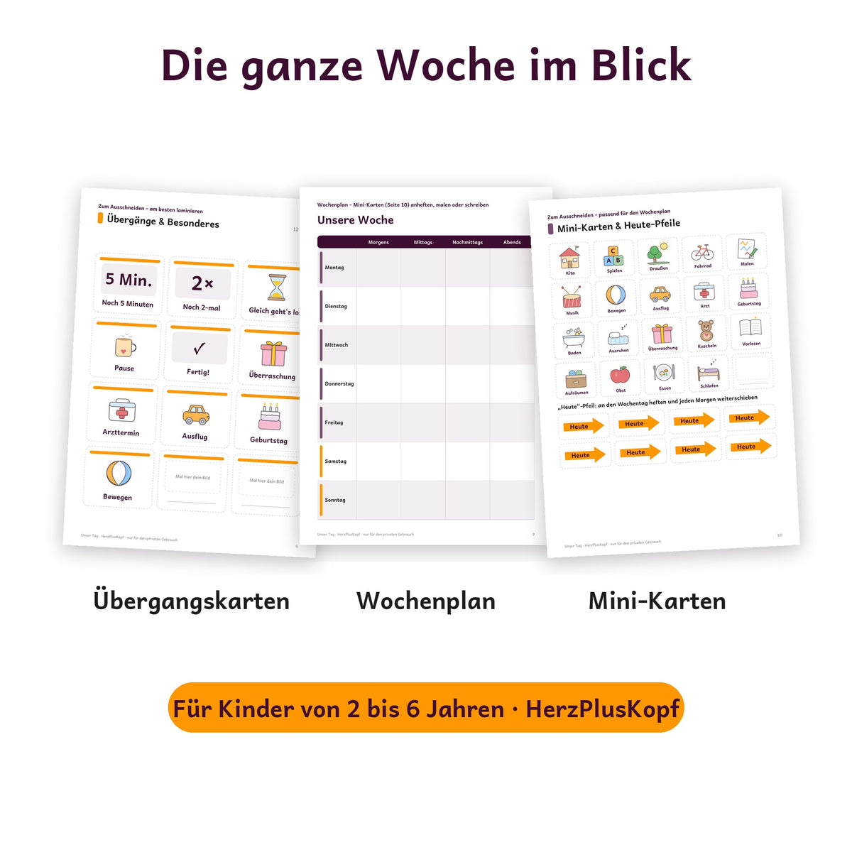 Übergangskarten, Wochenplan und Mini-Karten mit Heute-Pfeilen