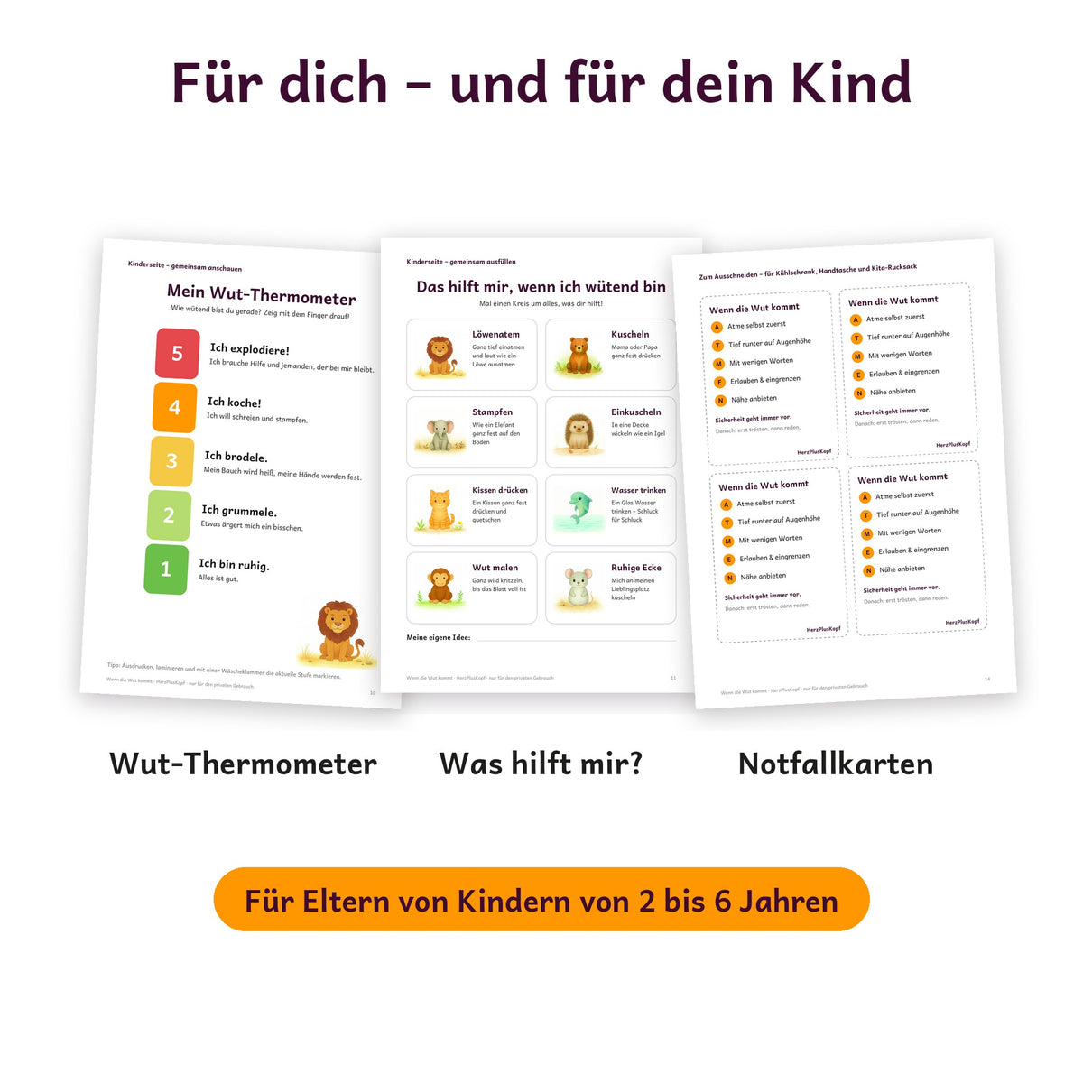 Kinderseiten Wut-Thermometer und Was hilft mir sowie Notfallkarten zum Ausschneiden