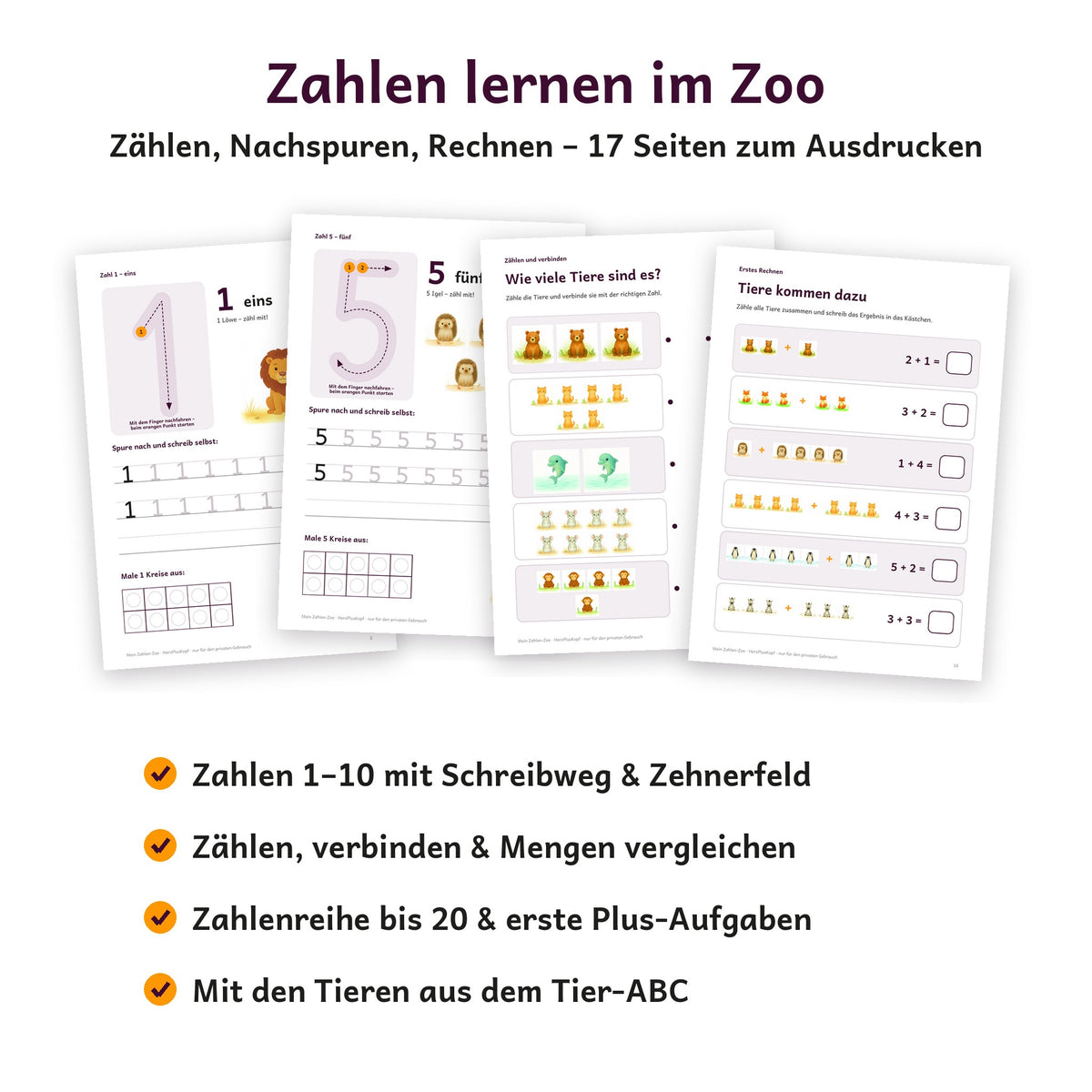 Inhalt: Zahlen 1 bis 10 mit Schreibweg und Zehnerfeld, Zählen, Mengen vergleichen, Zahlen bis 20 und Plus-Aufgaben
