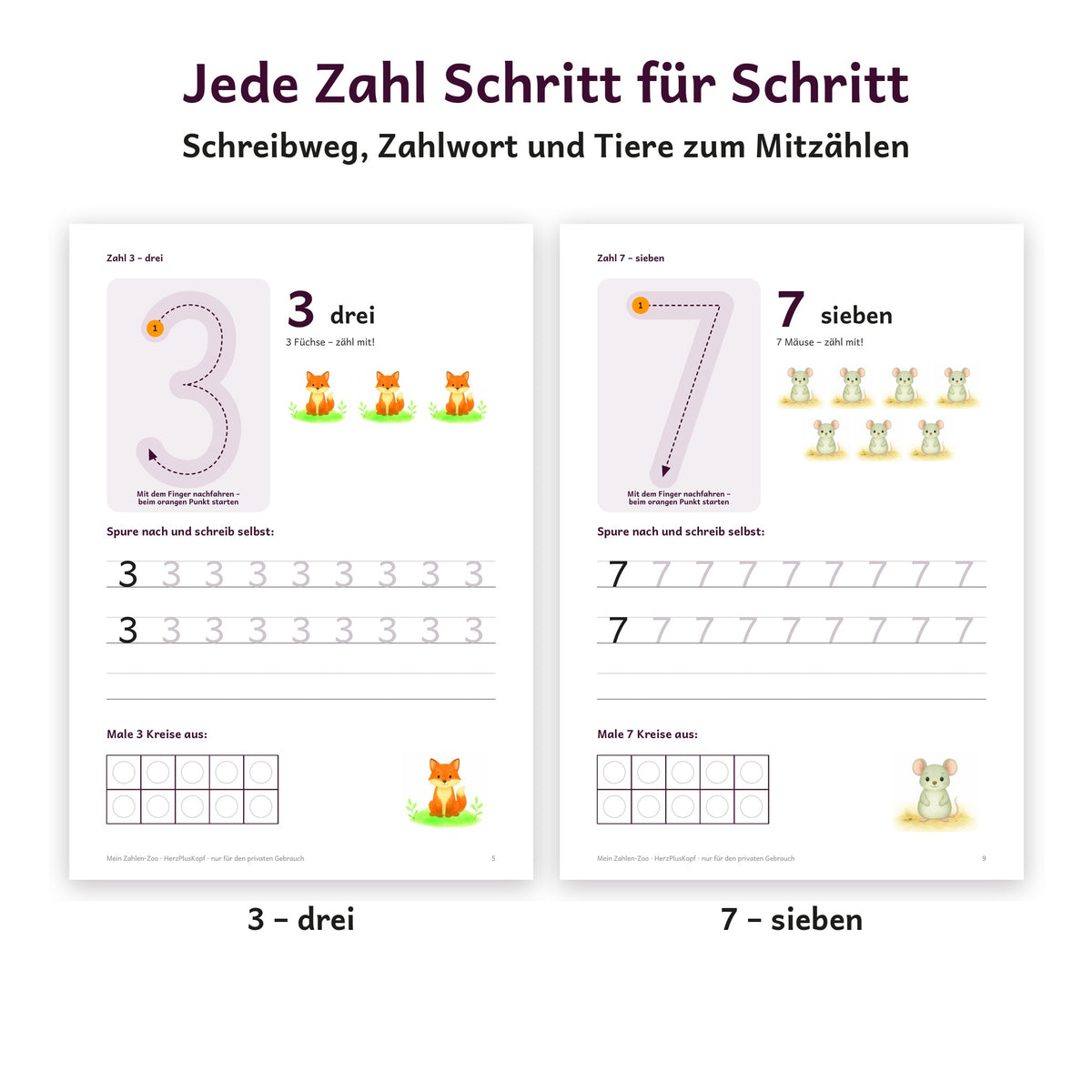 Zahlenseiten 3 und 7 mit Schreibweg, Zahlwort, Tieren zum Mitzählen und Spur-Zeilen