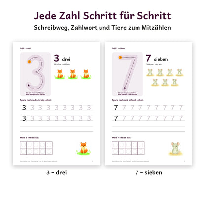 Zahlenseiten 3 und 7 mit Schreibweg, Zahlwort, Tieren zum Mitzählen und Spur-Zeilen