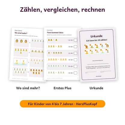 Mengen vergleichen, erste Plus-Aufgaben mit Tieren und Urkunde Ich kann bis 10 zählen