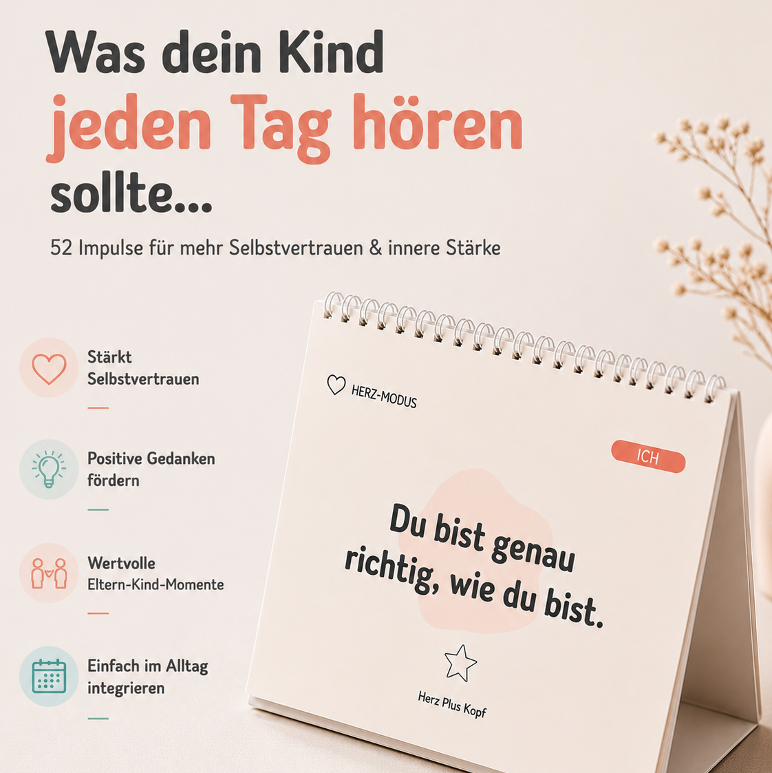 Minimalistische Werbegrafik eines Impulskalenders für Kinder mit stärkenden Affirmationen für mehr Selbstvertrauen, positive Gedanken und emotionale Stärke im Alltag.