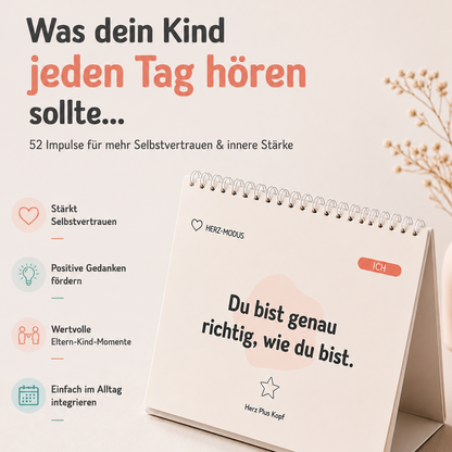 Minimalistische Werbegrafik eines Impulskalenders für Kinder mit stärkenden Affirmationen für mehr Selbstvertrauen, positive Gedanken und emotionale Stärke im Alltag.