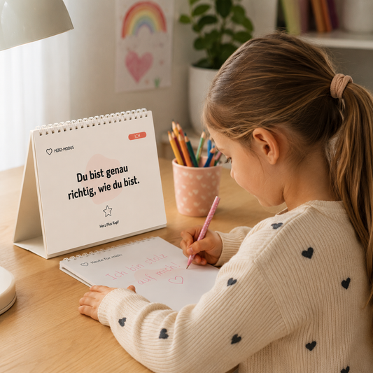 Kind arbeitet konzentriert mit einem Impulskalender für mehr Selbstvertrauen und positive Gedanken im Alltag von Herz Plus Kopf.